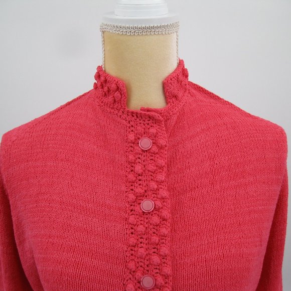Handknit Cardigan Raised Popcorn Design Trim Bright Rose Womens Button Up L / XL - Picture 3 of 15